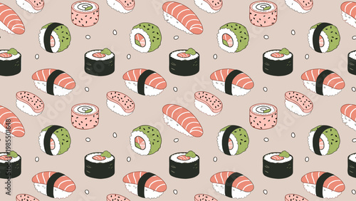 Savor the art of sushi with this playful and colorful pattern featuring a variety of delicious sushi rolls.
