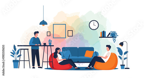 Modern Living Room with People Relaxing and Working.