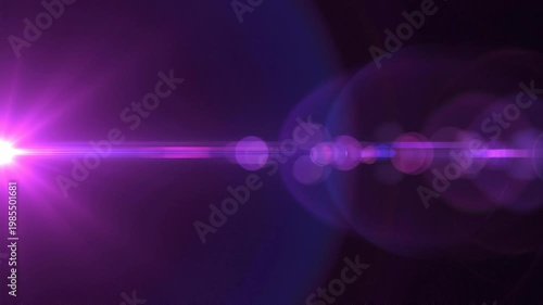 Elegant lens flare on black backdrop concept. Bright purple light flare effect with glowing bokeh on dark background for digital design