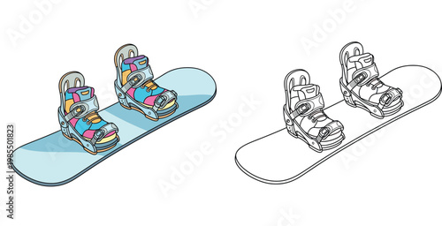  Isometric Snowboard with Boots and Bindings Vector Illustration Set. Cartoon Colorful and Black and White Line Art Outline for Coloring Book. Winter Sports Equipment Icon.