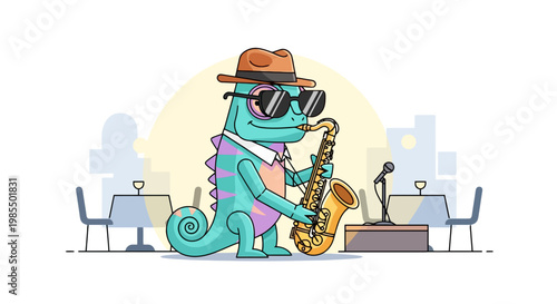 Cartoon chameleon playing jazz saxophone in nightclub wearing fedora and sunglasses against city backdrop in vector illustration