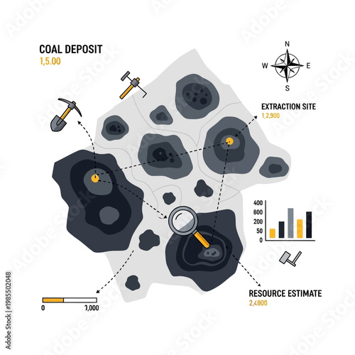 Coal Deposit Exploration Map with Extraction Site and Resource Estimate
