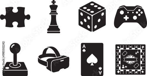 Gaming icons, game symbols, puzzle, chess, dice, controller, joystick, VR, card, poker