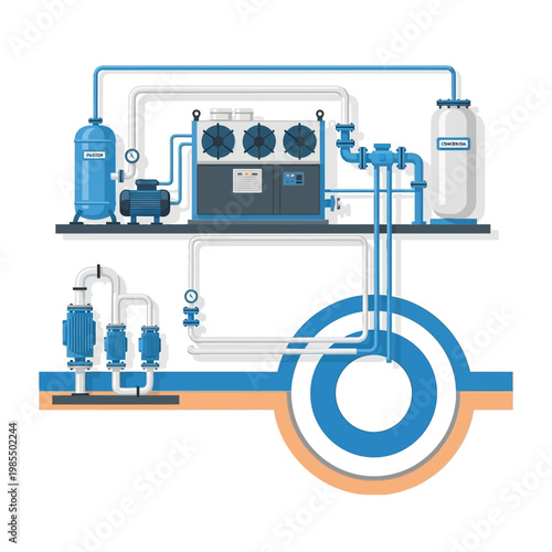 Geothermal Heating System Diagram: Heat Pump, Wells, Pipes, and Circulation