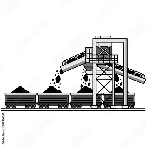 Coal Mining Conveyor Belt Loading Train Cars at Industrial Facility