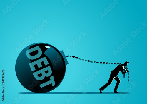 Businessman Dragging Heavy Debt Burden Financial Stress Concept Illustration
