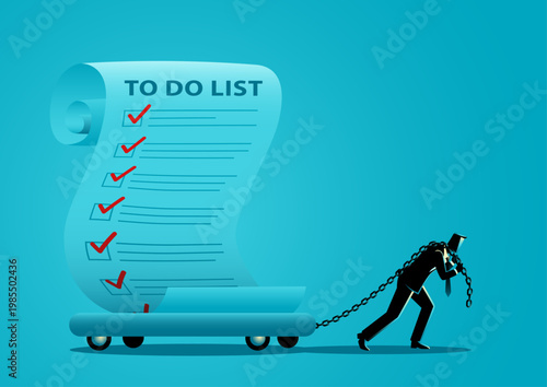 Overwhelmed Businessman Dragging Huge To Do List Burden Concept Illustration