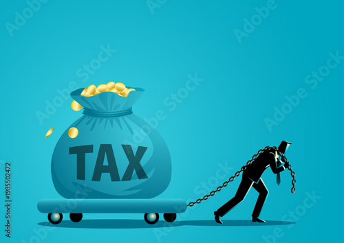 Tax Burden Businessman Dragging Heavy Money Bag Financial Pressure Concept