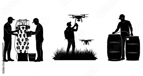 Farmers using drones and vertical farming with harvesting barrels silhouette