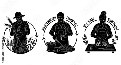 Grain farmer baker and bread maker silhouettes in a cycle of sourdough production against white