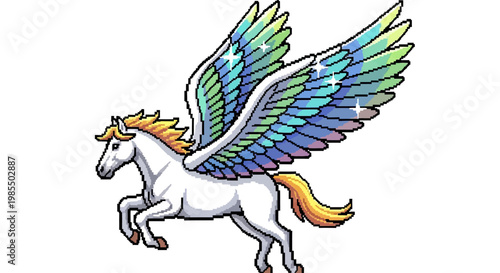 Majestic Pegasus Horse with Rainbow Wings Flying.