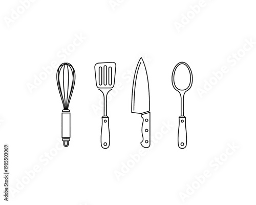 A minimalist vector graphic illustration showcasing essential kitchen cooking utensils, including a whisk, spatula, sharp knife, and serving spoon design.