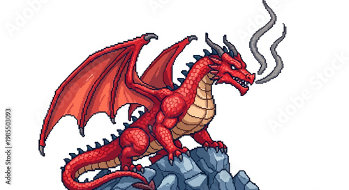 Majestic Red Dragon Perched on Rocks Emitting Smoke.