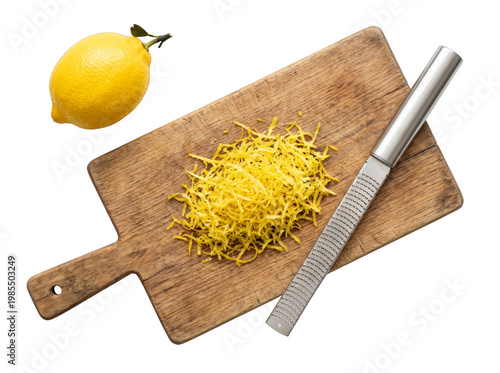 Lemon peel and zest on wooden board isolated