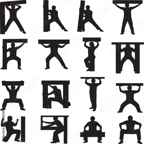 set of 12 black silhouette icons of man performing various weightlifting and strength training exercises