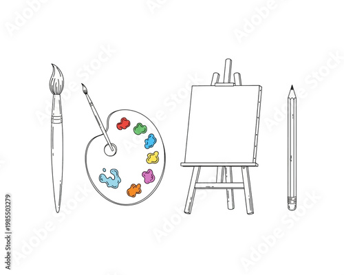 A simple black and white vector illustration featuring a wooden easel with blank canvas alongside a paintbrush and colored pencil