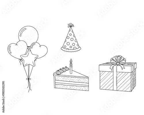 Festive vector illustration featuring floating party balloons, a celebratory conical hat, a delicious cake slice, and a decorated gift box