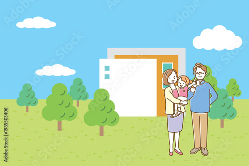 新築の家と青空をバックに立つ、若い家族3人のイラスト