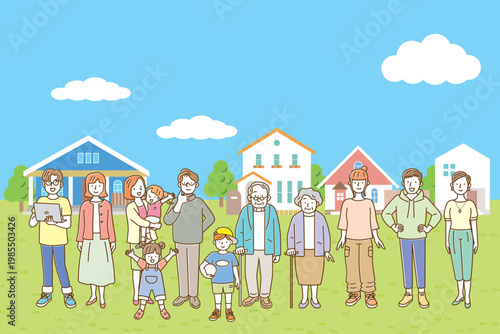 街並みをバックに、ナチュラルカラーでシンプルな人々のイラストセット