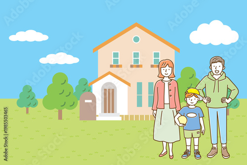 新築の家と青空をバックに立つ、若い家族3人のイラスト