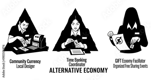 People exchanging currency and service credits in alternative economy systems silhouette
