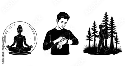 People in silhouette during meditation checking time and hiking in forest