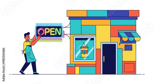 Man hanging open sign on colorful shop exterior.