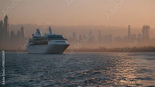 White cruise ship sailing past modern skyscraper skyline at sunset. Luxury maritime journey along urban waterfront. Travel adventure and city tourism concept.