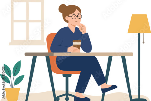 Woman sits at desk with coffee looking thoughtful indoors
