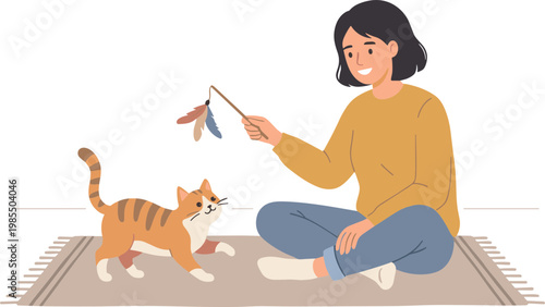 Woman plays with cat using toy on floor indoors
