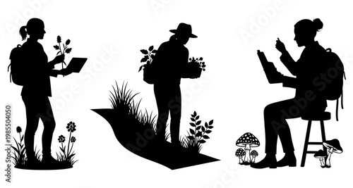 Scientists studying plants and mushrooms in nature during daytime silhouette