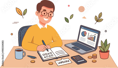 A man sits at a desk working on a notebook with a laptop and coffee nearby indoors.