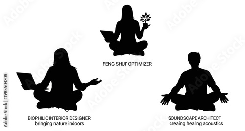 Silhouettes of people meditating with laptops and plants representing careers in wellness and design