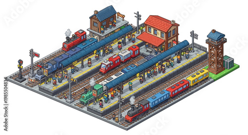 Isometric Train Station with Multiple Platforms and Trains.