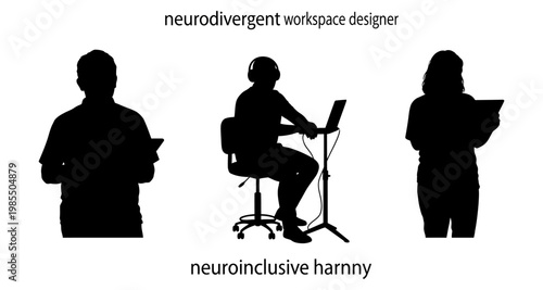 Three diverse individuals silhouetted against a white background representing neurodivergent workspace design and neuroinclusive harmony