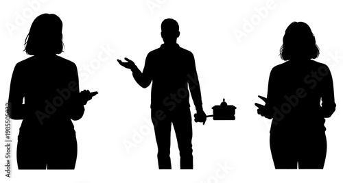 Three people silhouettes in conversation with one holding a gavel during a meeting