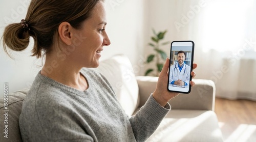 Woman Using Smartphone For Remote Doctor Video Visit.