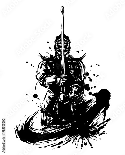 剣道の墨絵イラスト