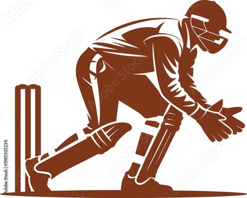 Cricketer prepares to catch ball on field with wickets