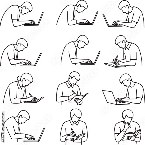 Diverse professionals working on laptops in minimalist line art illustration set