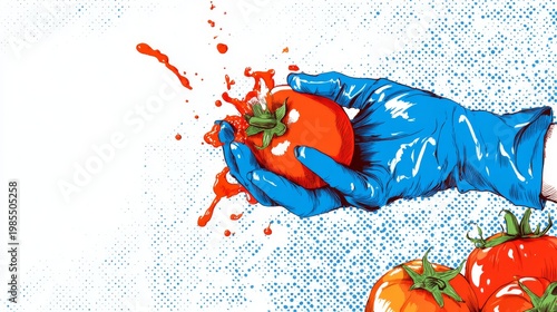 Wallpaper Mural Fresh vegetables concept, female hand squeezing tomato with juice splashes in air, white background, pop art surreal style  Torontodigital.ca