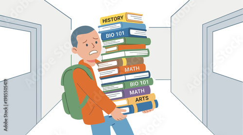 A student carries a stack of colorful books down a school hallway.