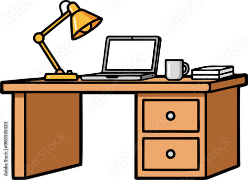 Desk with Laptop Lamp Mug and Books Illustration