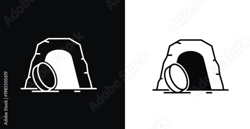 A black and white illustration of a stone archway with a barrel in front of it on a contrasting background