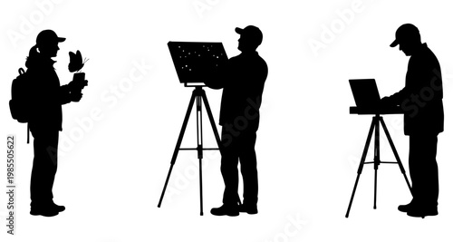 Silhouettes of people observing nature and working with technology during daytime