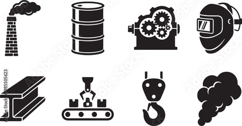 Industrial icons, factory symbols, machinery signs, industrial equipment, black and white graphics