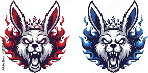 Aggressive crowned rabbit mascot heads with bared teeth and glowing eyes, one surrounded by red flames and the other by blue flames, depicted in a fierce cartoon style.
