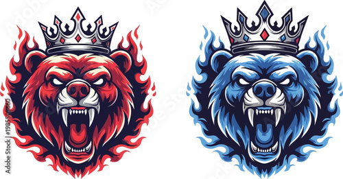 Aggressive crowned bear head mascots with fiery auras in red and blue variations, roaring with sharp teeth and intense expressions.