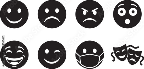Emotions, Facial Expressions, Emojis, Icons, Vector Set of 7 Black and White Emoticon Faces