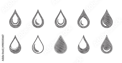 Collection of ten hand drawn water drop with textured shading liquid